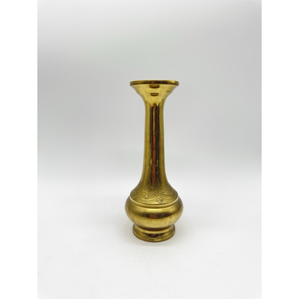 Etched Brass Bud Vase 7" Tall Boho Gold Tone Hollywood Regency Decor Holiday